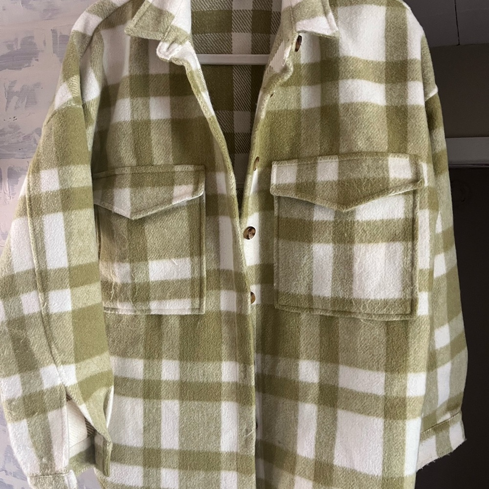 Olive Green & White Plaid Teddy Jacket - Women’s Overshirt